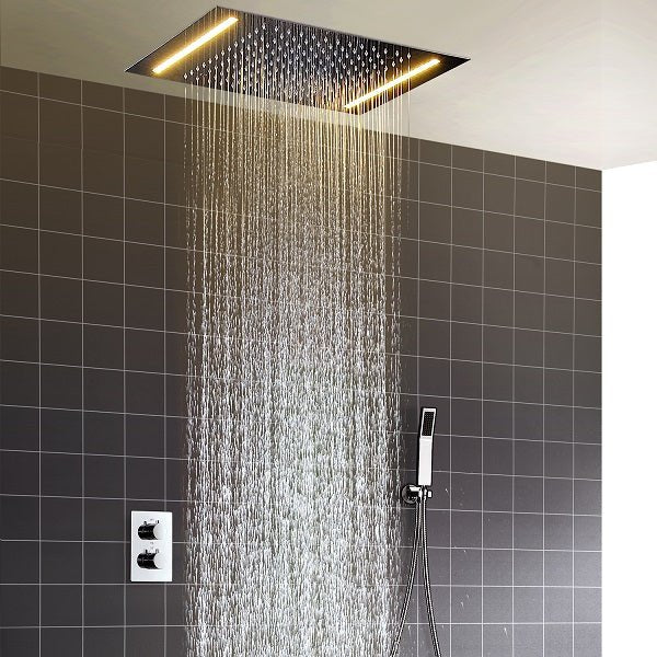 14"x20" White LED Shower Set with Dual Thermostatic Valve - Cascada Showers Cascada Luxury 14" x 20" Square White LED Shower System (Ceiling Mounted) with Dual Thermostatic Valve & 2 Mode Functions (Rainfall & Handheld Shower) shower head with handheld rain White LED rainfall dual valve handle showerheads high-pressure black handheld system holder matte fixture gold kit chrome oil rubbed bronze handshowers mixer modern Ceiling mount 3-way thermostatic square showers system