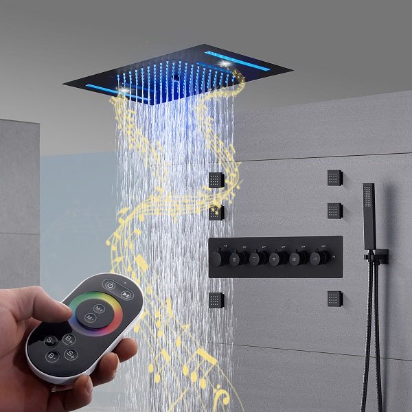 Cascada Luxury 23βx15β Music LED shower system with built-in Bluetooth Speakers,5 function (Rainfall,Waterfall,Misty,body jets & HandShower) & Remote Control 64 Color Lights cascada system LED bluetooth shower head speaker hot cold music rain rainfall musical light showerhead body spray jet waterfall misty ceiling mounted handheld high pressure thermostatic mixer holder black matte chrome oil rubbed bronze remote control