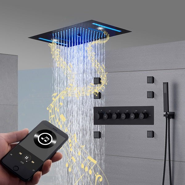 Cascada Luxury 23βx15β Music LED shower system with built-in Bluetooth Speakers,5 function (Rainfall,Waterfall,Misty,body jets & HandShower) & Remote Control 64 Color Lights cascada system LED bluetooth shower head speaker hot cold music rain rainfall musical light showerhead body spray jet waterfall misty ceiling mounted handheld high pressure thermostatic mixer holder black matte chrome oil rubbed bronze remote control