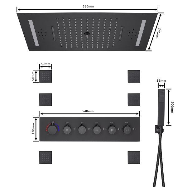 Cascada Luxury 23βx15β Music LED shower system with built-in Bluetooth Speakers,5 function (Rainfall,Waterfall,Misty,body jets & HandShower) & Remote Control 64 Color Lights cascada system LED bluetooth shower head speaker hot cold music rain rainfall musical light showerhead body spray jet waterfall misty ceiling mounted handheld high pressure thermostatic mixer holder black matte chrome oil rubbed bronze remote control