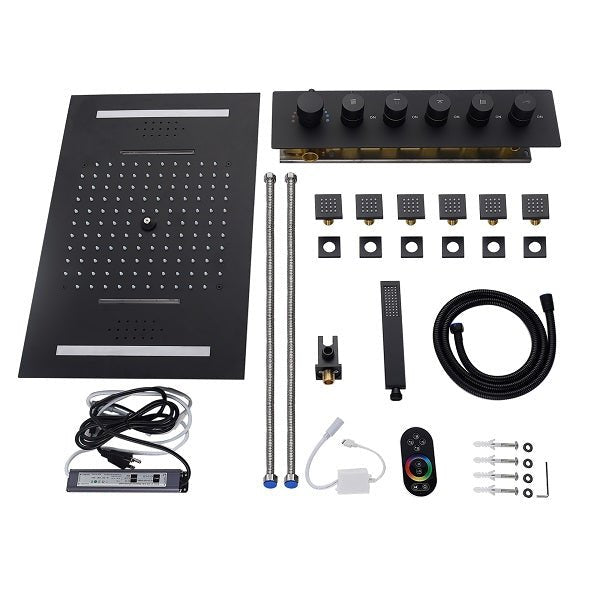 Cascada Luxury 23βx15β Music LED shower system with built-in Bluetooth Speakers,5 function (Rainfall,Waterfall,Misty,body jets & HandShower) & Remote Control 64 Color Lights cascada system LED bluetooth shower head speaker hot cold music rain rainfall musical light showerhead body spray jet waterfall misty ceiling mounted handheld high pressure thermostatic mixer holder black matte chrome oil rubbed bronze remote control