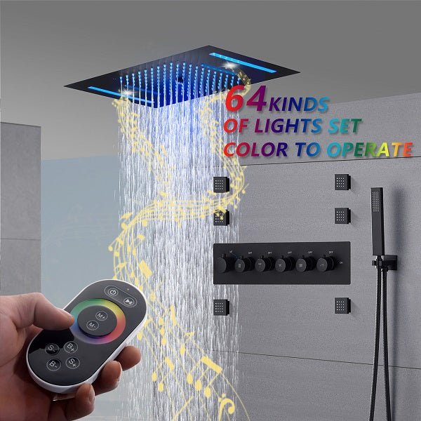 Cascada Luxury 23βx15β Music LED shower system with built-in Bluetooth Speakers,5 function (Rainfall,Waterfall,Misty,body jets & HandShower) & Remote Control 64 Color Lights cascada system LED bluetooth shower head speaker hot cold music rain rainfall musical light showerhead body spray jet waterfall misty ceiling mounted handheld high pressure thermostatic mixer holder black matte chrome oil rubbed bronze remote control