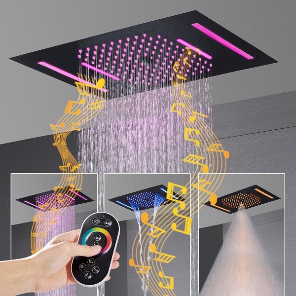 Cascada Luxury 23βx15β Music LED shower system with built-in Bluetooth Speakers,5 function (Rainfall,Waterfall,Misty,body jets & HandShower) & Remote Control 64 Color Lights cascada system LED bluetooth shower head speaker hot cold music rain rainfall musical light showerhead body spray jet waterfall misty ceiling mounted handheld high pressure thermostatic mixer holder black matte chrome oil rubbed bronze remote control