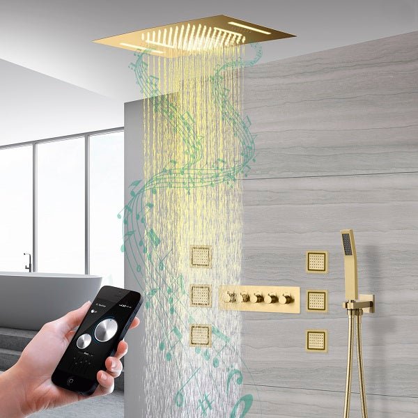 Cascada Cortona 15x23 LED shower head with color-changing lights installed on ceiling