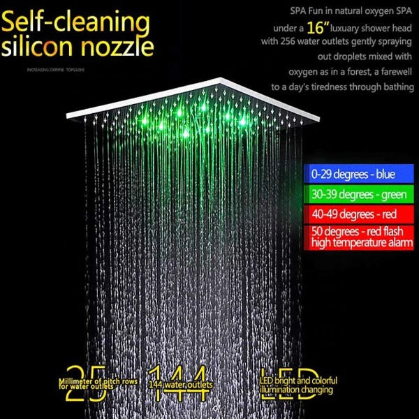 showerhead system rain head shower with handheld sets complete led faucet faucet waterfall head light rainfall spout hand holder hose remote controller lights held bathroom set control color change metal wall mount rainfall waterfall Hand Shower Mode Cascada Luxury 16" Square Ceiling Mounted Thermostatic Rainfall LED Shower With Body Jets Automated LED Light RGB Color - Stainless Steel shower head, thermostatic shower, rain shower, rain shower faucet, shower head sets for bathroom