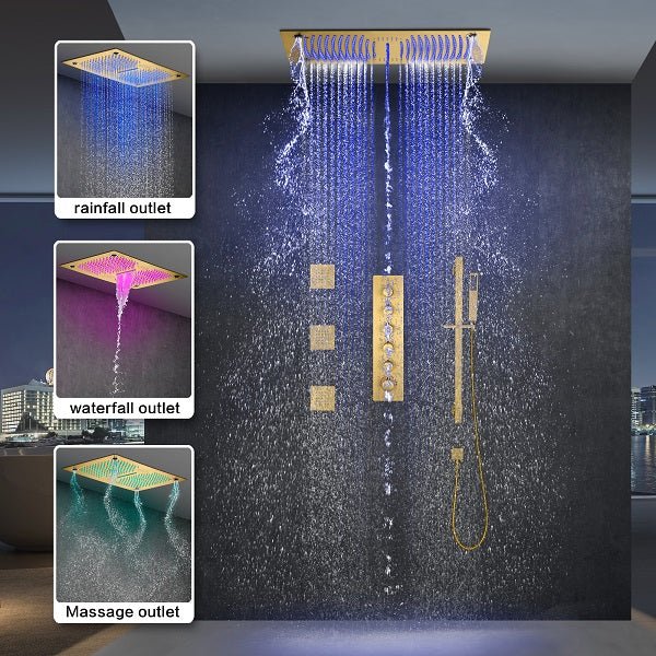 Cascada Luxury 16βx28β Music LED shower system with built-in Bluetooth Speakers, 5 functions (Rain, Waterfall, Mist Outlet, Body Jet & Hand Shower) & Remote Control 64 Color Lights cascada system LED bluetooth shower head speaker hot cold music rain rainfall musical lights showerhead body spray jet waterfall misty ceiling mounted handheld high pressure multicolor holder thermostatic chrome oil rubbed bronze mixer remote control