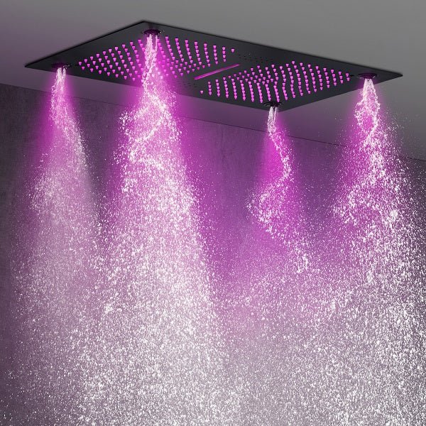 Cascada Luxury 16”x28” Music LED shower system with built-in Bluetooth Speakers, 5 functions (Rain, Waterfall, Mist Outlet, Body Jet & Hand Shower) & Remote Control 64 Color Lights cascada system LED bluetooth shower head speaker hot cold music rain rainfall musical lights showerhead body spray jet waterfall misty ceiling mounted handheld high pressure multicolor holder thermostatic chrome oil rubbed bronze mixer remote control