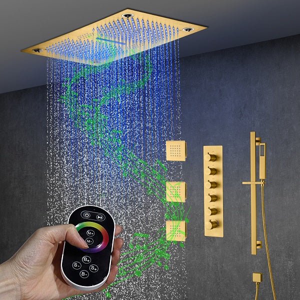 Cascada Luxury 16βx28β Music LED shower system with built-in Bluetooth Speakers, 5 functions (Rain, Waterfall, Mist Outlet, Body Jet & Hand Shower) & Remote Control 64 Color Lights cascada system LED bluetooth shower head speaker hot cold music rain rainfall musical lights showerhead body spray jet waterfall misty ceiling mounted handheld high pressure multicolor holder thermostatic chrome oil rubbed bronze mixer remote control
