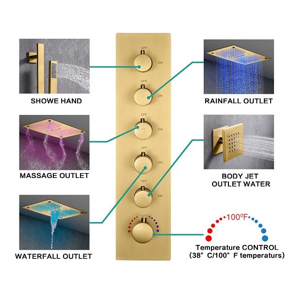 Cascada Luxury 16βx28β Music LED shower system with built-in Bluetooth Speakers, 5 functions (Rain, Waterfall, Mist Outlet, Body Jet & Hand Shower) & Remote Control 64 Color Lights cascada system LED bluetooth shower head speaker hot cold music rain rainfall musical lights showerhead body spray jet waterfall misty ceiling mounted handheld high pressure multicolor holder thermostatic chrome oil rubbed bronze mixer remote control