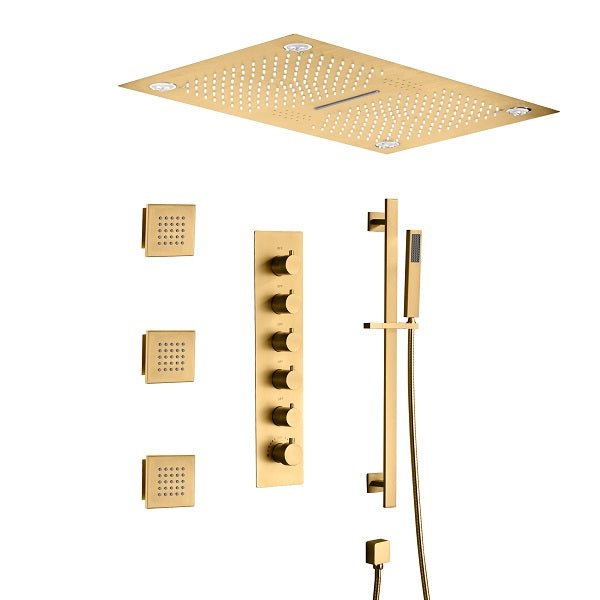 Cascada Luxury 16βx28β Music LED shower system with built-in Bluetooth Speakers, 5 functions (Rain, Waterfall, Mist Outlet, Body Jet & Hand Shower) & Remote Control 64 Color Lights cascada system LED bluetooth shower head speaker hot cold music rain rainfall musical lights showerhead body spray jet waterfall misty ceiling mounted handheld high pressure multicolor holder thermostatic chrome oil rubbed bronze mixer remote control