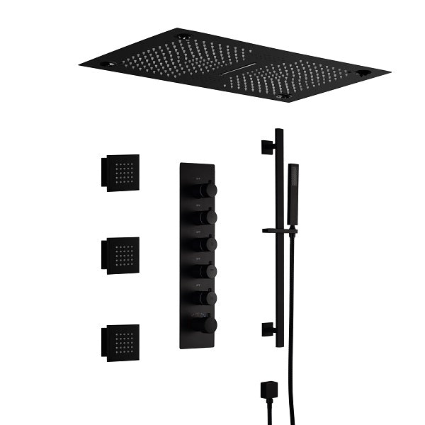Cascada Luxury 16”x28” Music LED shower system with built-in Bluetooth Speakers, 5 functions (Rain, Waterfall, Mist Outlet, Body Jet & Hand Shower) & Remote Control 64 Color Lights cascada system LED bluetooth shower head speaker hot cold music rain rainfall musical lights showerhead body spray jet waterfall misty ceiling mounted handheld high pressure multicolor holder thermostatic chrome oil rubbed bronze mixer remote control