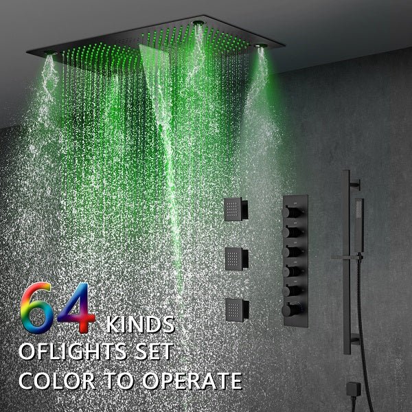 Cascada Luxury 16”x28” Music LED shower system with built-in Bluetooth Speakers, 5 functions (Rain, Waterfall, Mist Outlet, Body Jet & Hand Shower) & Remote Control 64 Color Lights cascada system LED bluetooth shower head speaker hot cold music rain rainfall musical lights showerhead body spray jet waterfall misty ceiling mounted handheld high pressure multicolor holder thermostatic chrome oil rubbed bronze mixer remote control