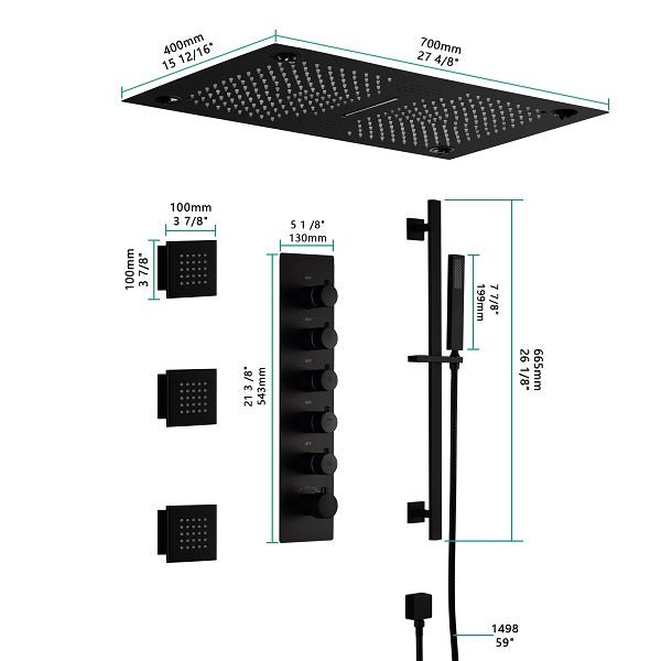 Cascada Luxury 16”x28” Music LED shower system with built-in Bluetooth Speakers, 5 functions (Rain, Waterfall, Mist Outlet, Body Jet & Hand Shower) & Remote Control 64 Color Lights cascada system LED bluetooth shower head speaker hot cold music rain rainfall musical lights showerhead body spray jet waterfall misty ceiling mounted handheld high pressure multicolor holder thermostatic chrome oil rubbed bronze mixer remote control
