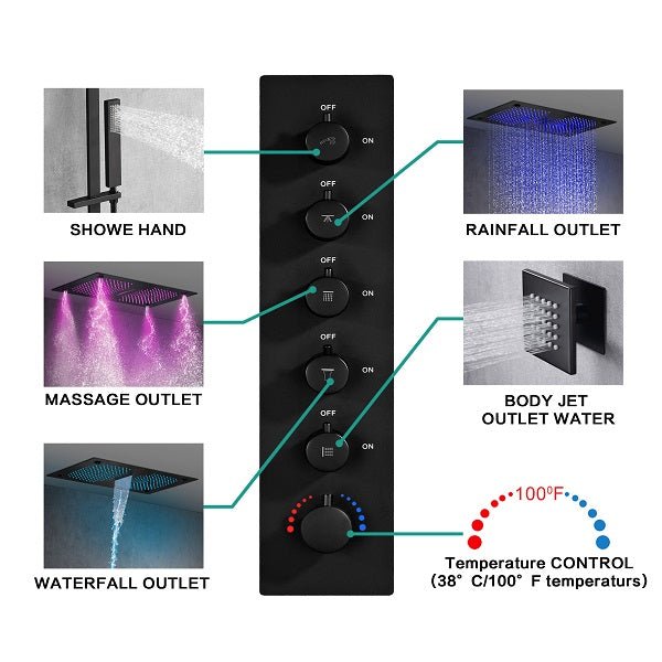 Cascada Luxury 16”x28” Music LED shower system with built-in Bluetooth Speakers, 5 functions (Rain, Waterfall, Mist Outlet, Body Jet & Hand Shower) & Remote Control 64 Color Lights cascada system LED bluetooth shower head speaker hot cold music rain rainfall musical lights showerhead body spray jet waterfall misty ceiling mounted handheld high pressure multicolor holder thermostatic chrome oil rubbed bronze mixer remote control