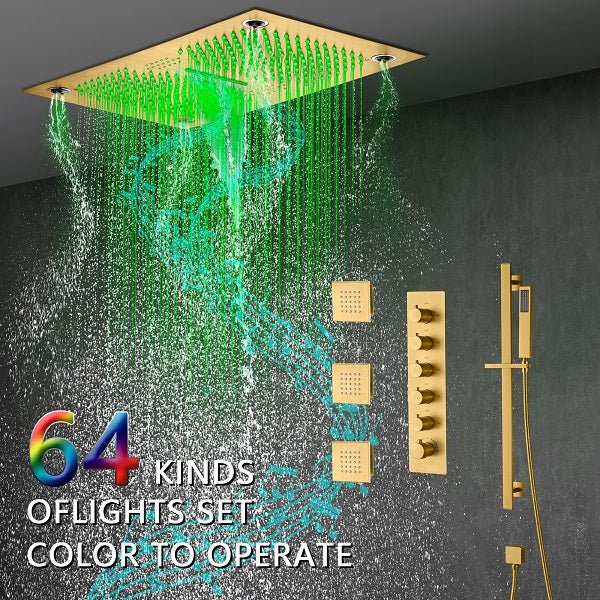 Cascada Luxury 16βx28β Music LED shower system with built-in Bluetooth Speakers, 5 functions (Rain, Waterfall, Mist Outlet, Body Jet & Hand Shower) & Remote Control 64 Color Lights cascada system LED bluetooth shower head speaker hot cold music rain rainfall musical lights showerhead body spray jet waterfall misty ceiling mounted handheld high pressure multicolor holder thermostatic chrome oil rubbed bronze mixer remote control
