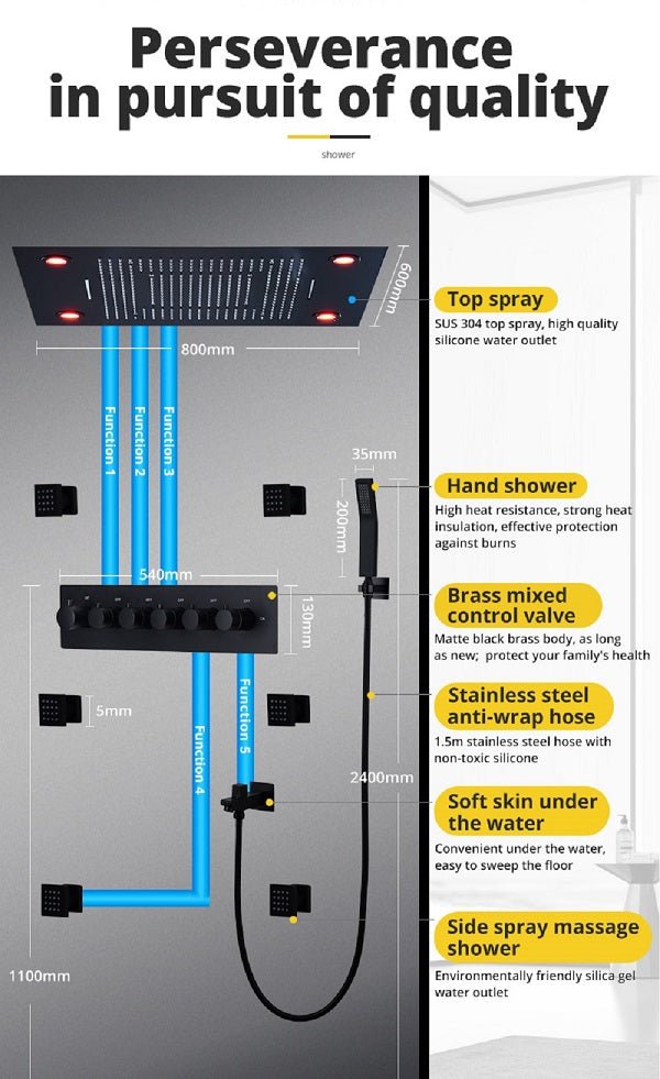 23"x31" Luxurious Classic Design waterfall & rainfall LED shower system β 6 mode - Cascada Showers