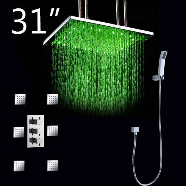 31" Luxury Ceiling Mount LED Rainfall Thermostatic Shower Set - Cascada Showers showerhead system rain head shower handheld set complete led bathroom waterfall heads light rainfall Thermostatic 6 Massage Jets Spray Body Shower Set for lights bathroom set Antique Brushed Brass Finish color change wall complete shower set bathroom Cascada Luxury Bathroom Shower Set with Luxury Water Power LED Shower Head (Ceiling Mount) Rainfall Thermostatic 6 Massage Jets Spray Body Shower Set