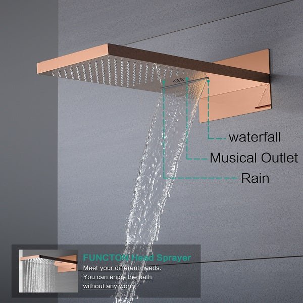 Cascada 22” Music LED shower system (Wall Mounted) with built-in Bluetooth Speakers, 4 function (Rain, Waterfall, body jets & Hand Shower) & Remote Control 64 Color Lights cascada system LED bluetooth shower head with handheld speaker hot cold music rain rainfall musical light showerhead body spray jet waterfall lifting rod wall mounted high pressure thermostatic mixer black matte chrome oilrubbed bronze remote control
