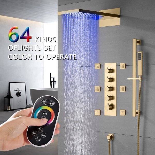 Cascada 22” Music LED shower system (Wall Mounted) with built-in Bluetooth Speakers, 4 function (Rain, Waterfall, body jets & Hand Shower) & Remote Control 64 Color Lights cascada system LED bluetooth shower head with handheld speaker hot cold music rain rainfall musical light showerhead body spray jet waterfall lifting rod wall mounted high pressure thermostatic mixer black matte chrome oilrubbed bronze remote control