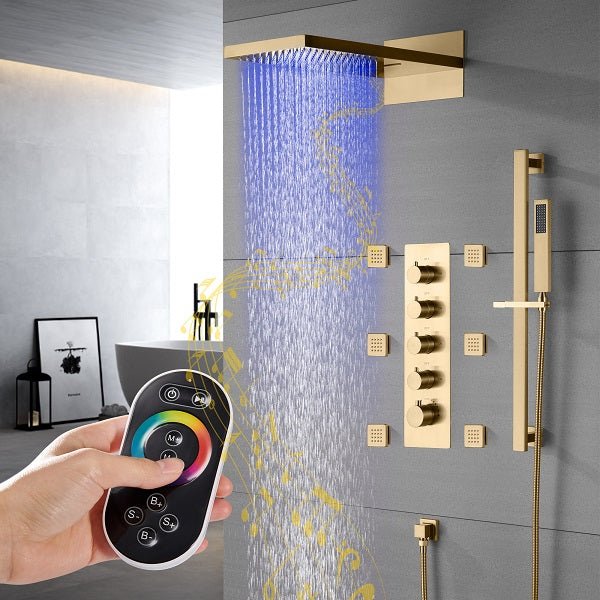 Cascada 22” Music LED shower system (Wall Mounted) with built-in Bluetooth Speakers, 4 function (Rain, Waterfall, body jets & Hand Shower) & Remote Control 64 Color Lights cascada system LED bluetooth shower head with handheld speaker hot cold music rain rainfall musical light showerhead body spray jet waterfall lifting rod wall mounted high pressure thermostatic mixer black matte chrome oilrubbed bronze remote control