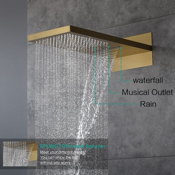 Cascada 22” Music LED shower system (Wall Mounted) with built-in Bluetooth Speakers, 4 function (Rain, Waterfall, body jets & Hand Shower) & Remote Control 64 Color Lights cascada system LED bluetooth shower head with handheld speaker hot cold music rain rainfall musical light showerhead body spray jet waterfall lifting rod wall mounted high pressure thermostatic mixer black matte chrome oilrubbed bronze remote control
