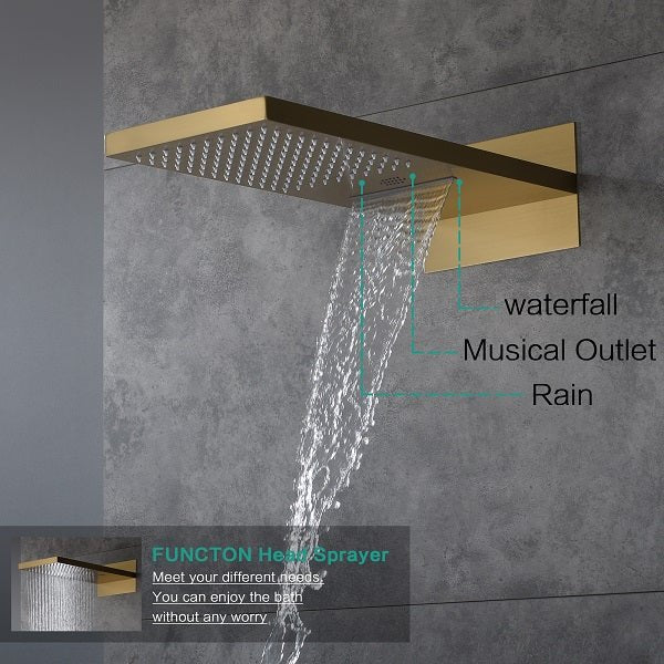 Cascada 22” Music LED shower system (Wall Mounted) with built-in Bluetooth Speakers, 4 function (Rain, Waterfall, body jets & Hand Shower) & Remote Control 64 Color Lights cascada system LED bluetooth shower head with handheld speaker hot cold music rain rainfall musical light showerhead body spray jet waterfall lifting rod wall mounted high pressure thermostatic mixer black matte chrome oilrubbed bronze remote control