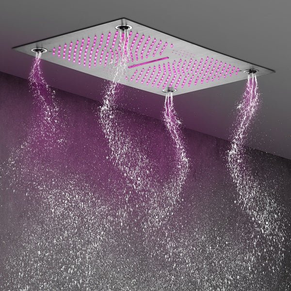 Cascada Luxury 16”x28” Music LED shower system with built-in Bluetooth Speakers, 5 functions (Rain, Waterfall, Mist Outlet, Body Jet & Hand Shower) & Remote Control 64 Color Lights cascada system LED bluetooth shower head speaker hot cold music rain rainfall musical lights showerhead body spray jet waterfall misty ceiling mounted handheld high pressure multicolor holder thermostatic chrome oil rubbed bronze mixer remote control