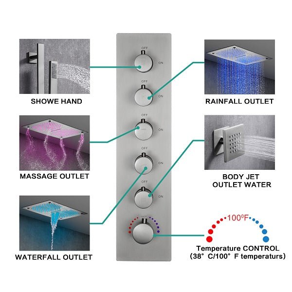 Cascada 16”x28” Music LED shower system with built-in Bluetooth Speakers, - Cascada Showers