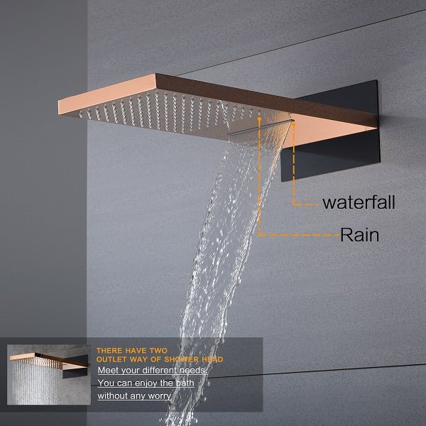Cascada Arezzo rose gold shower system demonstrating rainfall mode with 1.8 GPM water flow