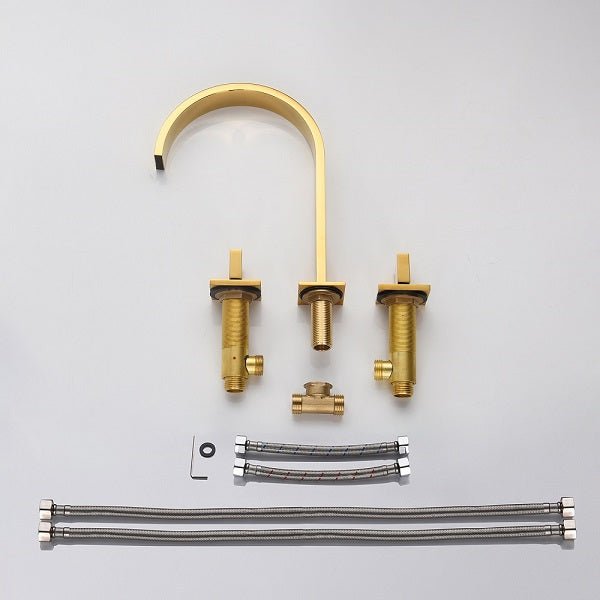Exploded view of Cascada faucet with spout, handles, connecting pipes, and inlet pipes labeled