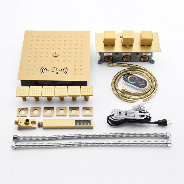 Dual Bluetooth speakers integrated into brushed gold LED shower head assembly