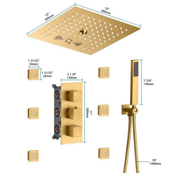 Complete Cascada Royale shower system components laid out in brushed gold finish