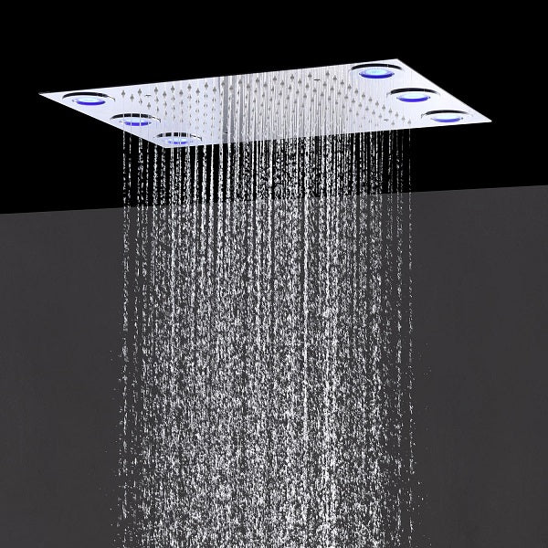 Cascada Luxury 14 x 20 Inch Square LED Shower System with 2-Way thermostatic mixer, 2-Mode Functions (Rainfall & Hand Shower) & Remote-Control LED Lights