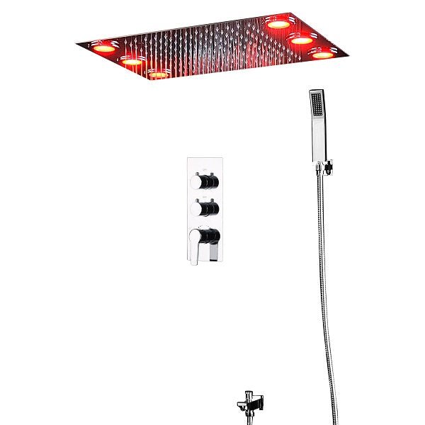 Cascada Luxury 14 x 20 Inch Square LED Shower System with 2-Way thermostatic mixer, 2-Mode Functions (Rainfall & Hand Shower) & Remote-Control LED Lights