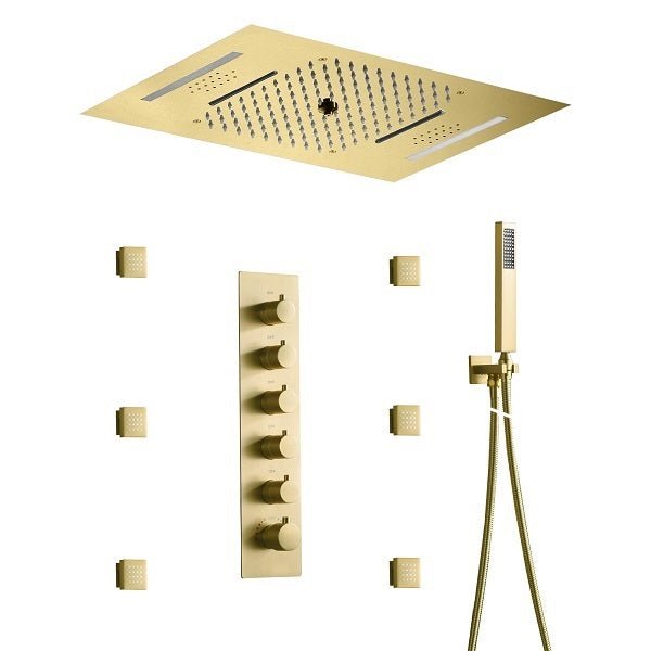 Cascada Luxury 15"x23” Music LED shower system with built-in Bluetooth Speakers,5 function (Rainfall,Waterfall,Misty,body jets & HandShower) & Remote Control 64 Color Lights cascada system LED bluetooth shower head speaker hot cold music rain rainfall musical light showerhead body spray jet waterfall misty ceiling mounted handheld high pressure thermostatic mixer holder black matte chrome oil rubbed bronze remote control
