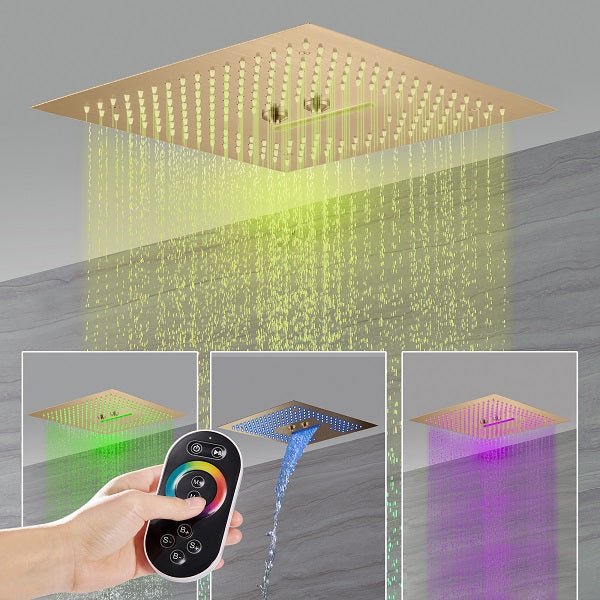 shower music player. shower with lights and music. shower music system. speaker for shower. bluetooth music led shower system. bluetooth speaker for shower. bluetooth speakers shower shower entertainment system. built-in shower speaker. shower light with bluetooth speaker. Cascada Luxury 16” Square Music LED shower system with built-in Bluetooth Speakers, 4 function (Rainfall, Waterfall, Misty, & Hand shower)