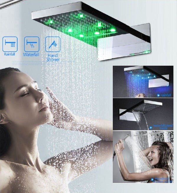 Cascada Veneto LED showerhead displaying temperature reactive color lighting
