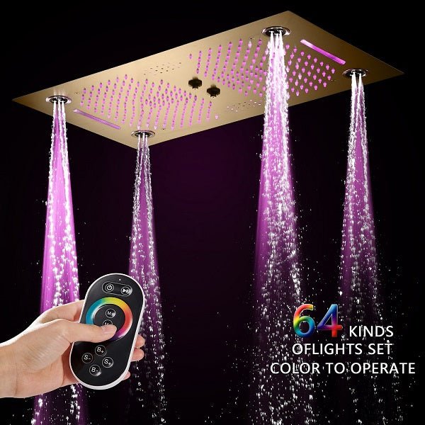 Cascada Pisa 16"x28" Brushed Gold Bluetooth LED Showerhead - Cascada Showers