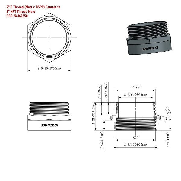 G Thread (Metric BSPP) Female to NPT Male Adapter - Lead-Free (2" x 2") - Cascada Showers