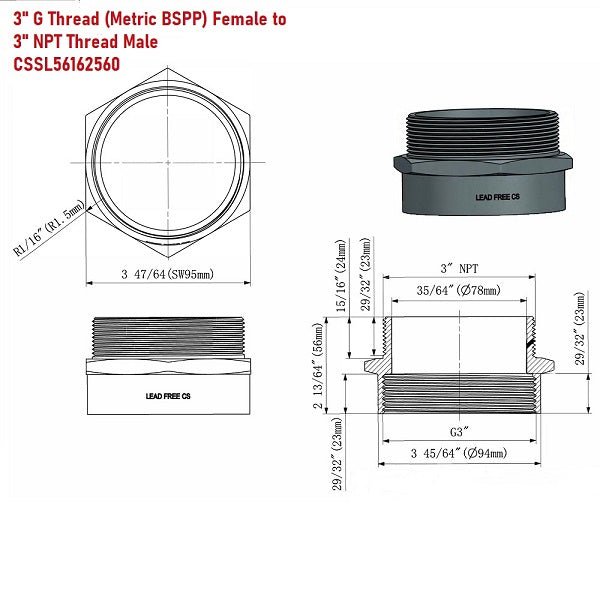 G Thread (Metric BSPP) Female to NPT Male Adapter - Lead Free (3" x 3") - Cascada Showers