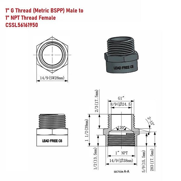 G Thread (Metric BSPP) Male to NPT Female Adapter - Lead-Free (1" x 1") - Cascada Showers
