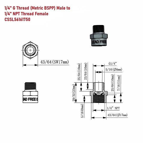 G Thread (Metric BSPP) Male to NPT Female Adapter - Lead-Free (1/4" x 1/4") - Cascada Showers