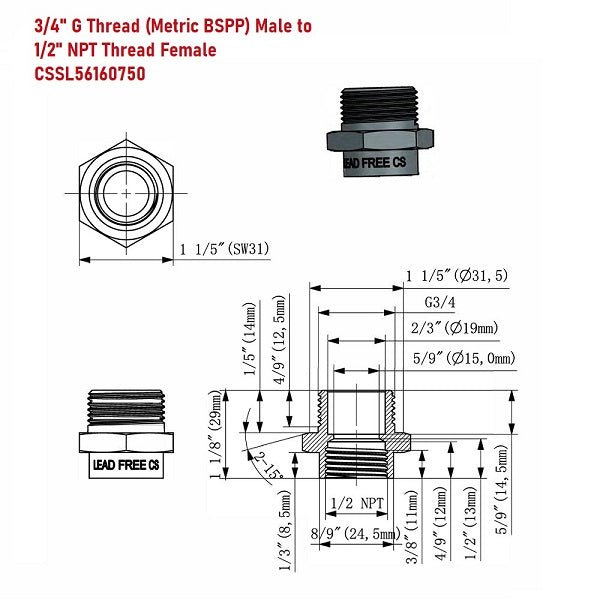 G Thread (Metric BSPP) Male to NPT Female Adapter - Lead Free (3/4" x 1/2") - Cascada Showers. bspp to npt adapter, 3/4 male to 1/2 female reducer, 1/2 male to 3/4 female adapter, 3/4 male to 1/2 female adapter, 3/4 female to 1/2 male reducer, 1/2 female to 3/4 male adapter, 3/4 to 1/2 female adapter, g 3/4 to g 1/2 adapter, male bspp to female npt adapter, 3/4 to 1/2 adapter, 3/4 x 1/2 female adapter, 3/4 male to 1 inch female adapter, bspp to npt