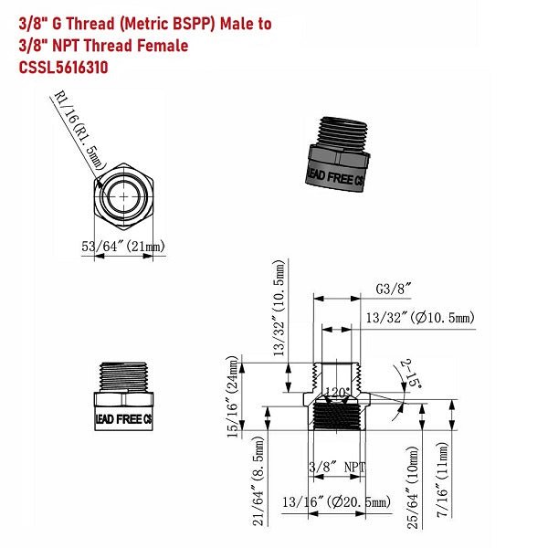 G Thread (Metric BSPP) Male to NPT Female Adapter - Lead-Free (3/8" x 3/8") - Cascada Showers