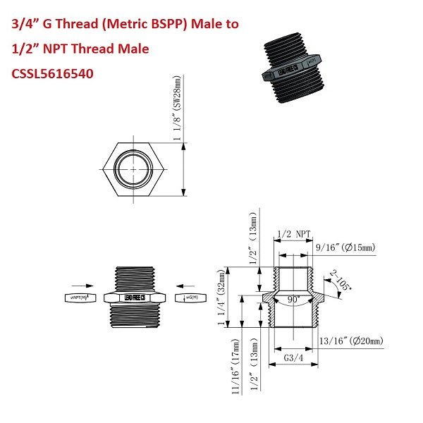 G Thread (Metric BSPP) Male to NPT Male Lead-Free Adapter (3/4" x 1/2") - Cascada Showers