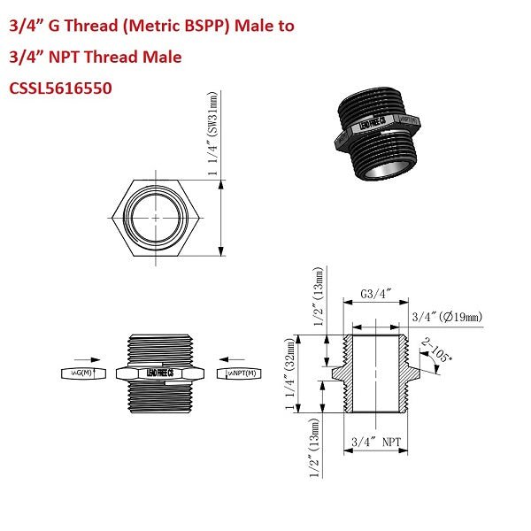 G Thread (Metric BSPP) Male to NPT Male Lead-Free Adapter (3/4" x 3/4") - Cascada Showers