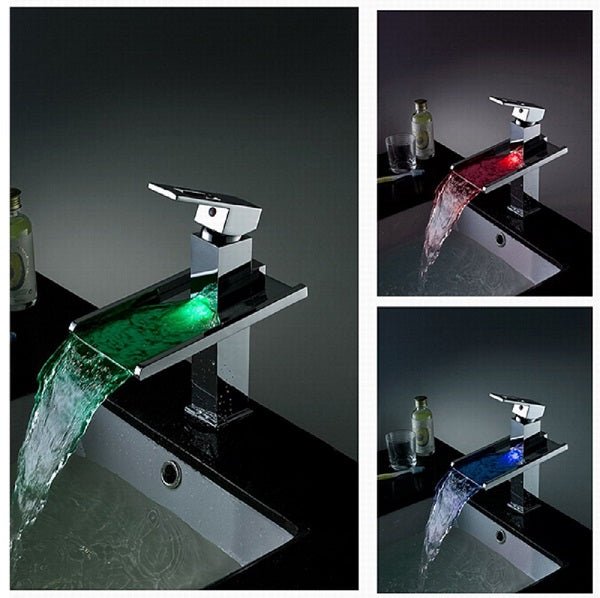 LED Waterfall Sink Faucet - Cascada Showers cascada bathroom sink waterfall faucet for led light light up faucets color changing hot and cold 1 hole 3 colors water mixer single handle deck mounted tap high quality solid structure automated temperature chrome pressure red green blue Ceramic LED