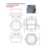 Technical drawing and product photo of 1" G Female to 1 1/4" NPT Male Brass Adapter