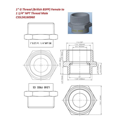 Technical drawing and product photo of 1" G Female to 1 1/4" NPT Male Brass Adapter