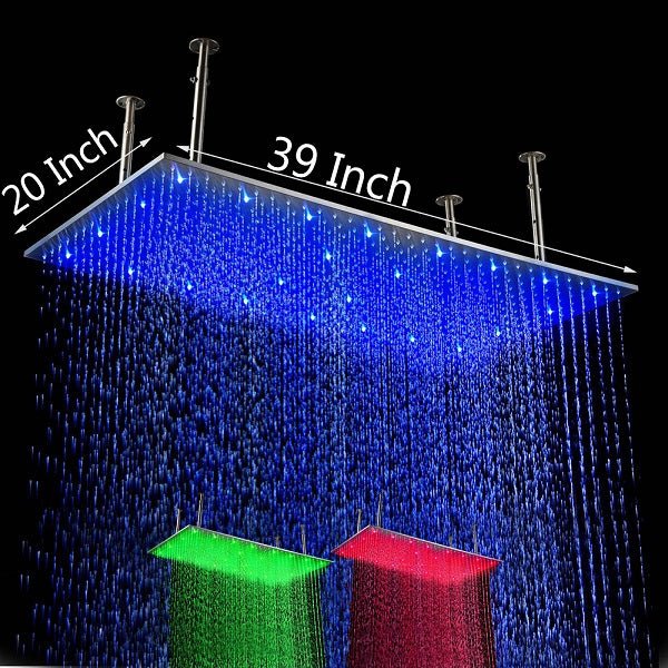 20"x40" Ceiling Mount Rainfall LED Shower Head, include Shower Arm - Cascada Showers